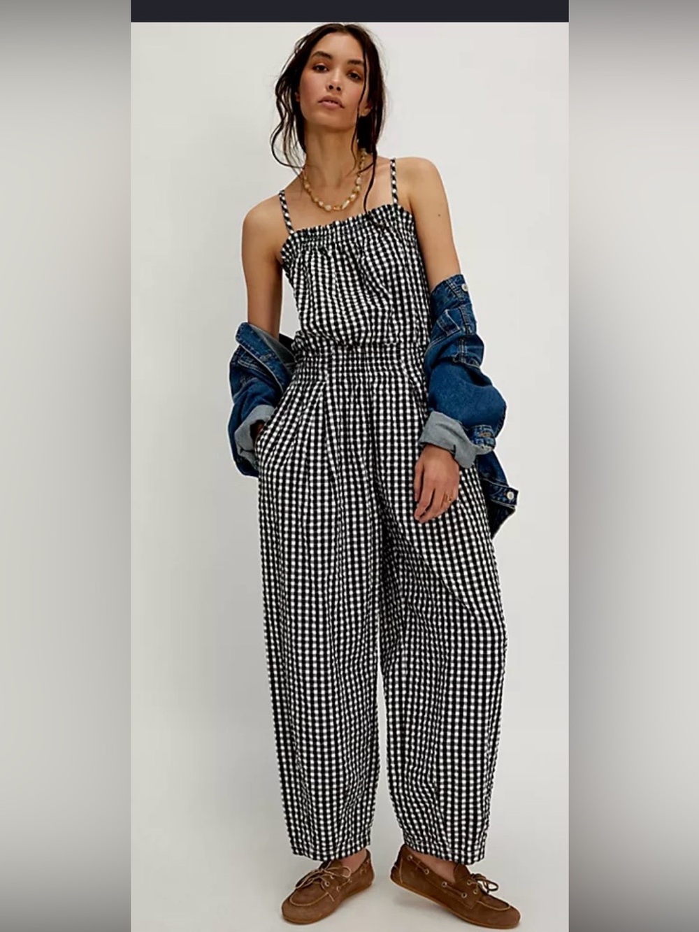 Free People Retro Gingham Smocked-Strap Barrel -Leg Jumpsuit - Black & White